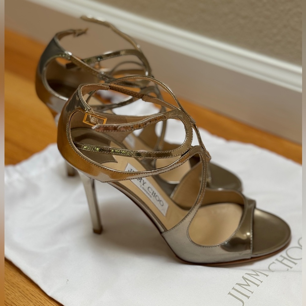 Jimmy Choo Lang Mirror Gold Strappy Heels, 37.5/7.5